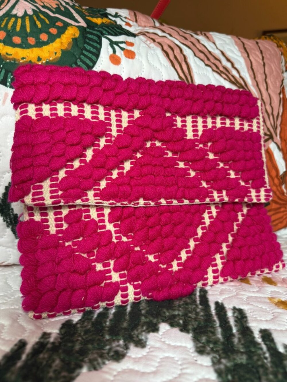 Mud Pie Magenta Hot Pink Tufted Loop Woven Envelope Clutch Vacation Boho Resort